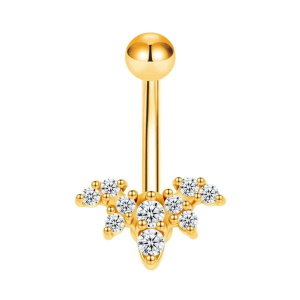 Piercing pour nombril en acier doré 316L chirurgical orné d'oxydes de zirconium blancs.