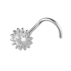 Piercing pour nez en acier 316L chirurgical argenté orné d'une fleur sertie d'un oxyde de zirconium en forme de coeur.