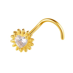 Piercing pour nez en acier 316L chirurgical doré orné d'une fleur sertie d'un oxyde de zirconium en forme de coeur.