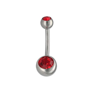 Piercing pour nombril en acier argenté 316L chirurgical serti d'un oxyde de zirconium rouge.
