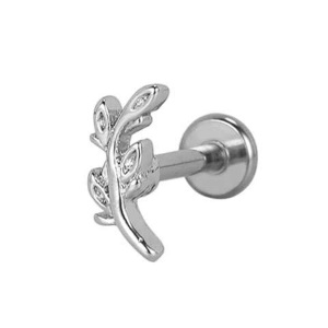 Piercing labret en forme de branche en acier chirurgical argenté.