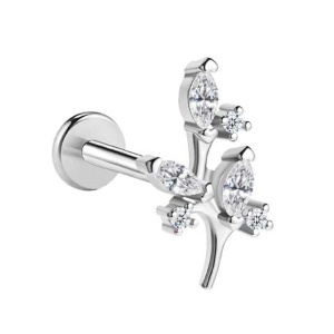 Piercing en forme de branche en acier chirurgical argenté serti d'oxydes de zirconium.