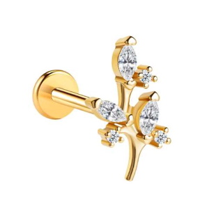 Piercing en forme de branche en acier chirurgical doré serti d'oxydes de zirconium.