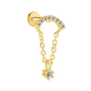 Piercing tragus en acier doré chirurgical 316L serti d'un pavage d'oxydes de zirconium avec une chaîne serti d'un oxyde de zirconium.
