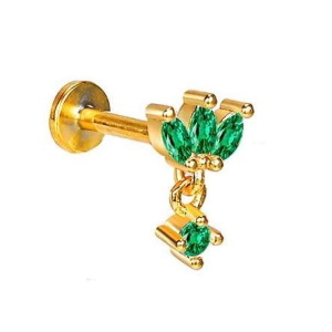Piercing tragus en forme de fleur de lotus en acier doré chirurgical 316L serti d'oxydes de zirconium verts avec un pendant serti d'un oxyde de zirconium vert.