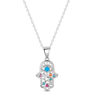 Collier composé d'une chaîne en argent 925/000 et d'un pendentif en forme de main de Fatma ou 'Hamsa sertie d'oxydes de zirconium multicolores.