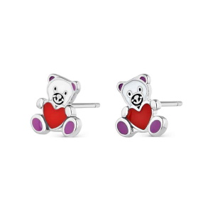 Boucles d'oreilles puces en forme d'ourson portant un cœur en argent 925/000 pavées d'émail de couleur.