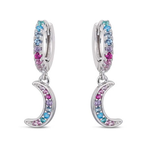 Boucle d'oreilles créoles en argent 925/000 rhodié sertie d'oxydes de zirconium multicolores avec un pendant en forme de croissant de lune serti d'oxydes de zirconium multicolores.