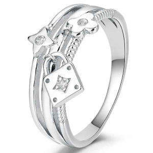 Bague en argent 925/000 rhodié ornée d'un cadenas, d'un trèfle et d'une étoile, sertis de zirconiums cubiques