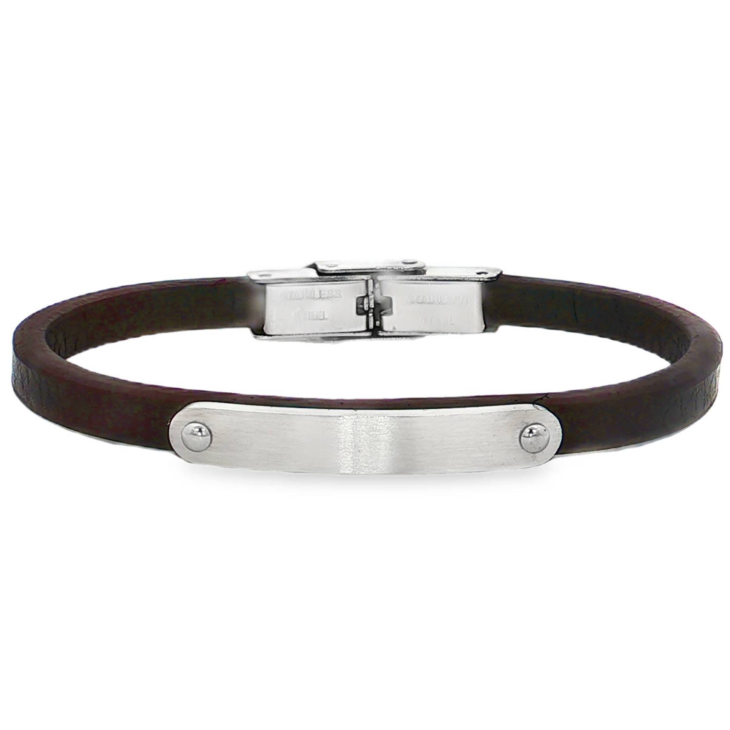 Bracelet jonc élégant avec une bande en cuir brun foncé et une plaque en acier inoxydable personnalisable.<br/>Ce bracelet moderne offre un contraste subtil entre les matériaux et arbore une fermeture sécurisée.<br/>Un accessoire distinctif qui allie style et confort.<br/>Personnalisez le en gravant vos messages, prénoms ou initiales. Adolescent Adulte Femme Fille Gravure Indémodable Bracelet jonc élégant avec une bande en cuir brun foncé et une plaque en acier inoxydable personnalisable.<br/>Ce bracelet moderne offre un contraste subtil entre les matériaux et arbore une fermeture sécurisée.<br/>Un accessoire distinctif qui allie style et confort.<br/>Personnalisez le en gravant vos messages, prénoms ou initiales. Adolescent Adulte Femme Fille Gravure Indémodable