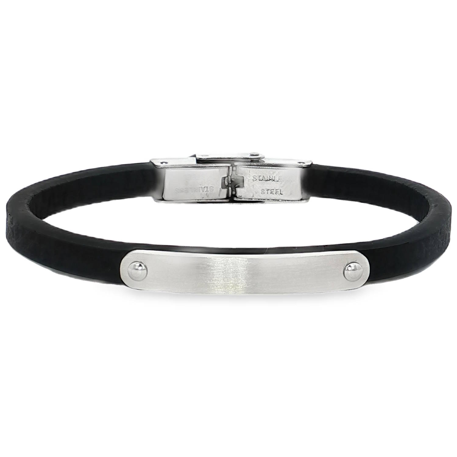 Bracelet jonc élégant avec une bande en cuir noir foncé et une plaque en acier inoxydable personnalisable.<br/>Ce bracelet moderne offre un contraste subtil entre les matériaux et arbore une fermeture sécurisée.<br/>Un accessoire distinctif qui allie style et confort.<br/>Personnalisez le en gravant vos messages, prénoms ou initiales. Adolescent Adulte Femme Fille Gravure Indémodable Bracelet jonc élégant avec une bande en cuir noir foncé et une plaque en acier inoxydable personnalisable.<br/>Ce bracelet moderne offre un contraste subtil entre les matériaux et arbore une fermeture sécurisée.<br/>Un accessoire distinctif qui allie style et confort.<br/>Personnalisez le en gravant vos messages, prénoms ou initiales. Adolescent Adulte Femme Fille Gravure Indémodable