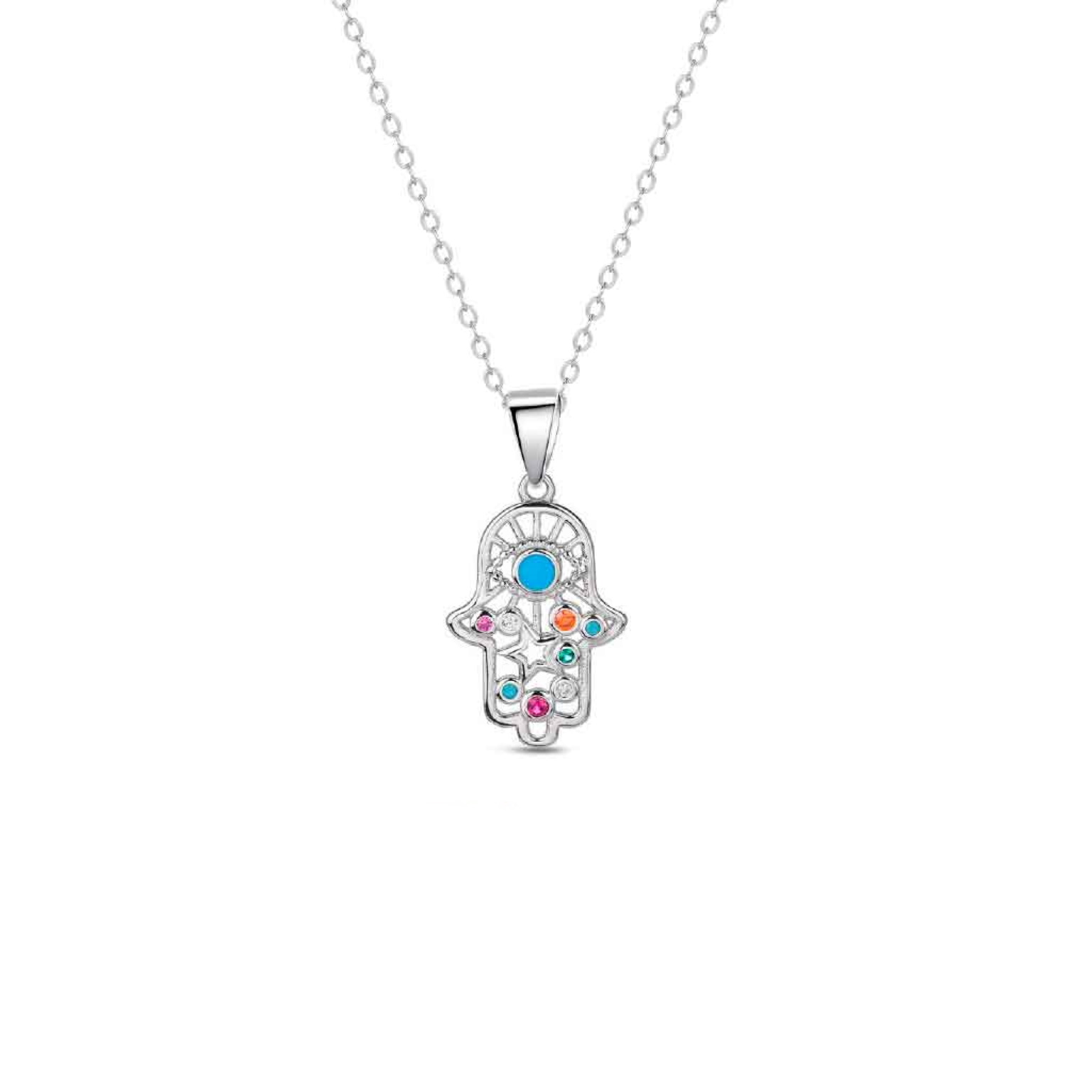 Collier composé d'une chaîne en argent 925/000 et d'un pendentif en forme de main de Fatma ou 'Hamsa sertie d'oxydes de zirconium multicolores. Fatma Main Strass Adolescent Adulte Femme Fille Indémodable Symboles Collier composé d'une chaîne en argent 925/000 et d'un pendentif en forme de main de Fatma ou 'Hamsa sertie d'oxydes de zirconium multicolores. Fatma Main Strass Adolescent Adulte Femme Fille Indémodable Symboles