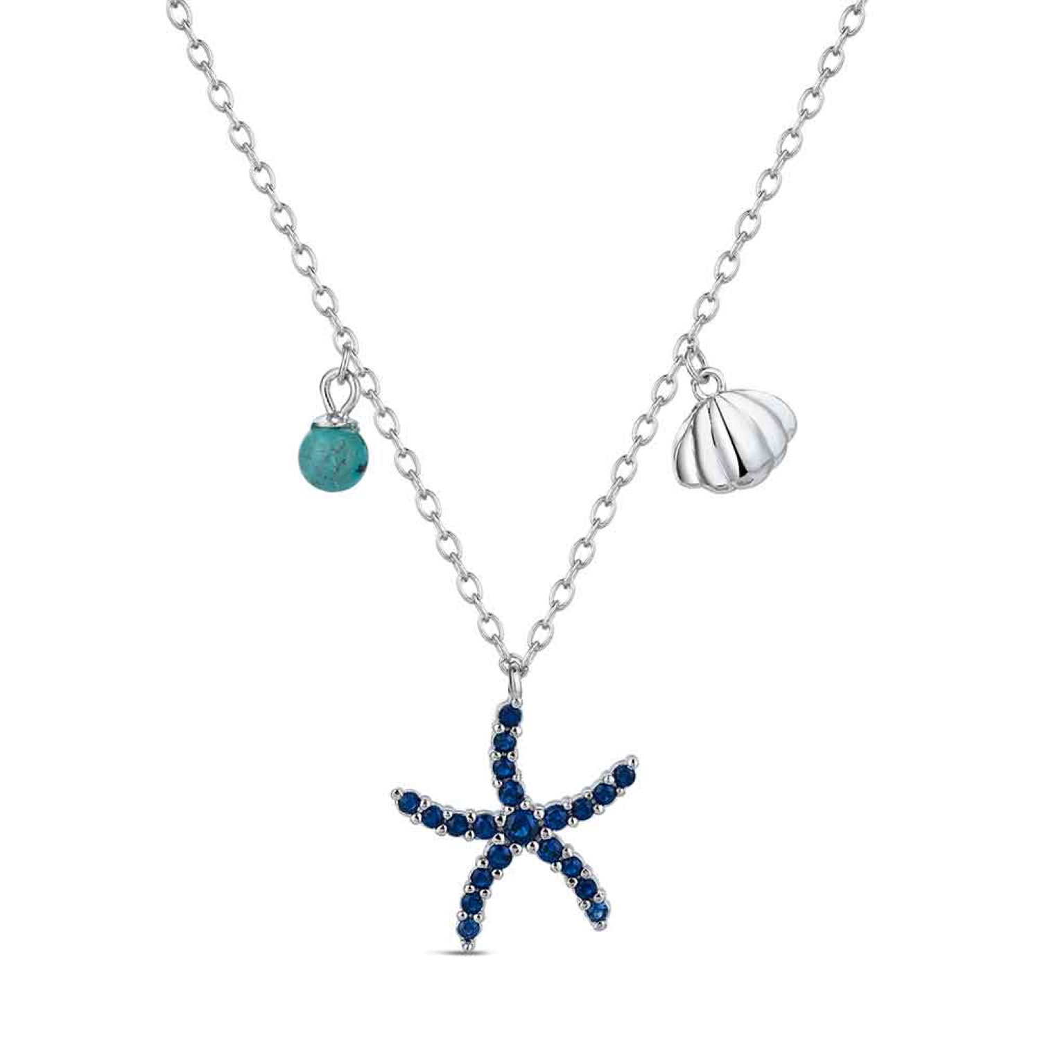 Collier composé d'une chaîne en argent 925/000 assorti d'un pendentif en forme de coquillage, d'une perle turquoise et d'une étoile de mer sertie de cristaux bleus. Coquillage Etoile Perle Turquoise Adolescent Adulte Animaux Femme Fille Indémodable Nature Collier composé d'une chaîne en argent 925/000 assorti d'un pendentif en forme de coquillage, d'une perle turquoise et d'une étoile de mer sertie de cristaux bleus. Coquillage Etoile Perle Turquoise Adolescent Adulte Animaux Femme Fille Indémodable Nature