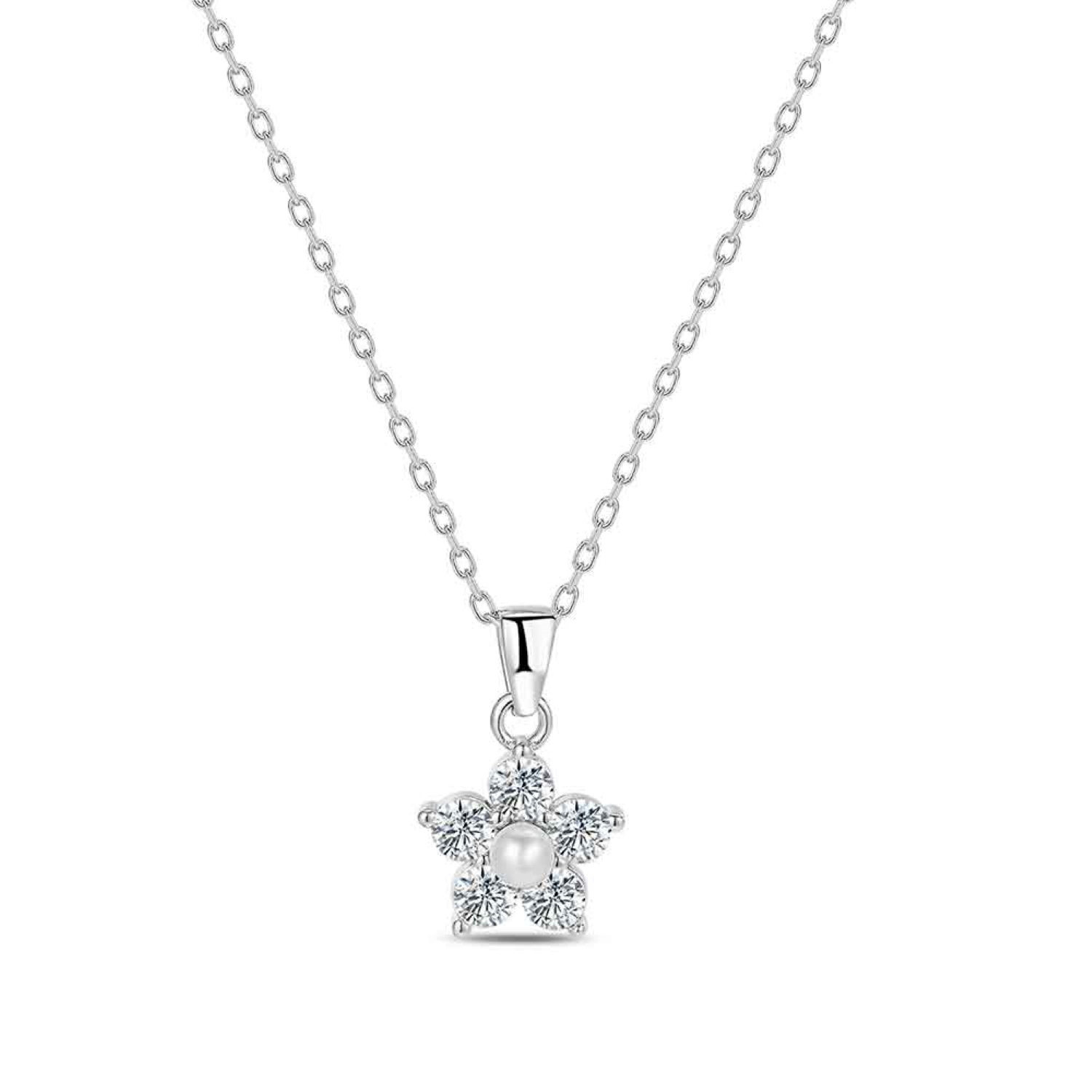 Collier composé d'une chaîne en argent 925/000 et d'un pendentif en forme de fleur sertie d'oxydes de zirconium blancs et surmontée d'une perle. Etoile Perle Strass Adolescent Adulte Femme Fille Indémodable Nature Collier composé d'une chaîne en argent 925/000 et d'un pendentif en forme de fleur sertie d'oxydes de zirconium blancs et surmontée d'une perle. Etoile Perle Strass Adolescent Adulte Femme Fille Indémodable Nature