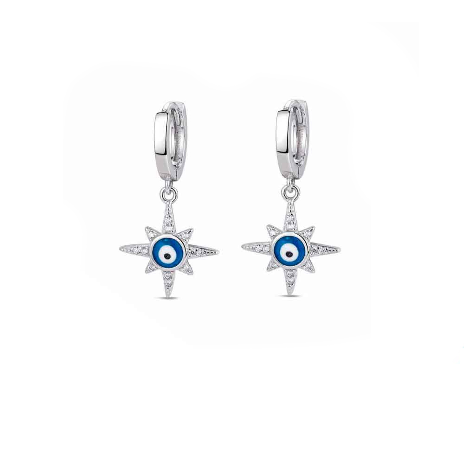 Boucle d'oreilles créoles en argent 925/000 rhodié avec un pendant en forme d'étoile sertie d'oxydes de zirconium blancs et surmontée d'un œil de Turquie en émail de couleur. Créoles Etoile Oeil Oeil de Turquie Pendantes Strass Adolescent Adulte Femme Fille Indémodable Symboles Boucle d'oreilles créoles en argent 925/000 rhodié avec un pendant en forme d'étoile sertie d'oxydes de zirconium blancs et surmontée d'un œil de Turquie en émail de couleur. Créoles Etoile Oeil Oeil de Turquie Pendantes Strass Adolescent Adulte Femme Fille Indémodable Symboles