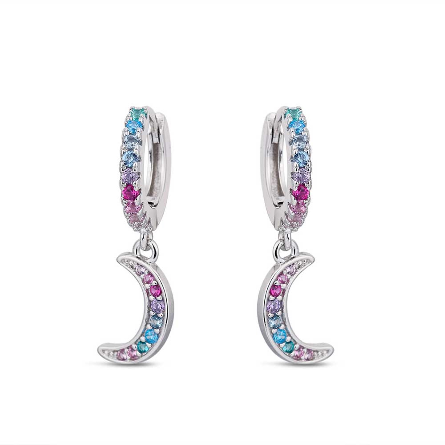 Boucle d'oreilles créoles en argent 925/000 rhodié sertie d'oxydes de zirconium multicolores avec un pendant en forme de croissant de lune serti d'oxydes de zirconium multicolores. Créoles Lune Pendantes Strass Adolescent Adulte Femme Fille Indémodable Nature Boucle d'oreilles créoles en argent 925/000 rhodié sertie d'oxydes de zirconium multicolores avec un pendant en forme de croissant de lune serti d'oxydes de zirconium multicolores. Créoles Lune Pendantes Strass Adolescent Adulte Femme Fille Indémodable Nature