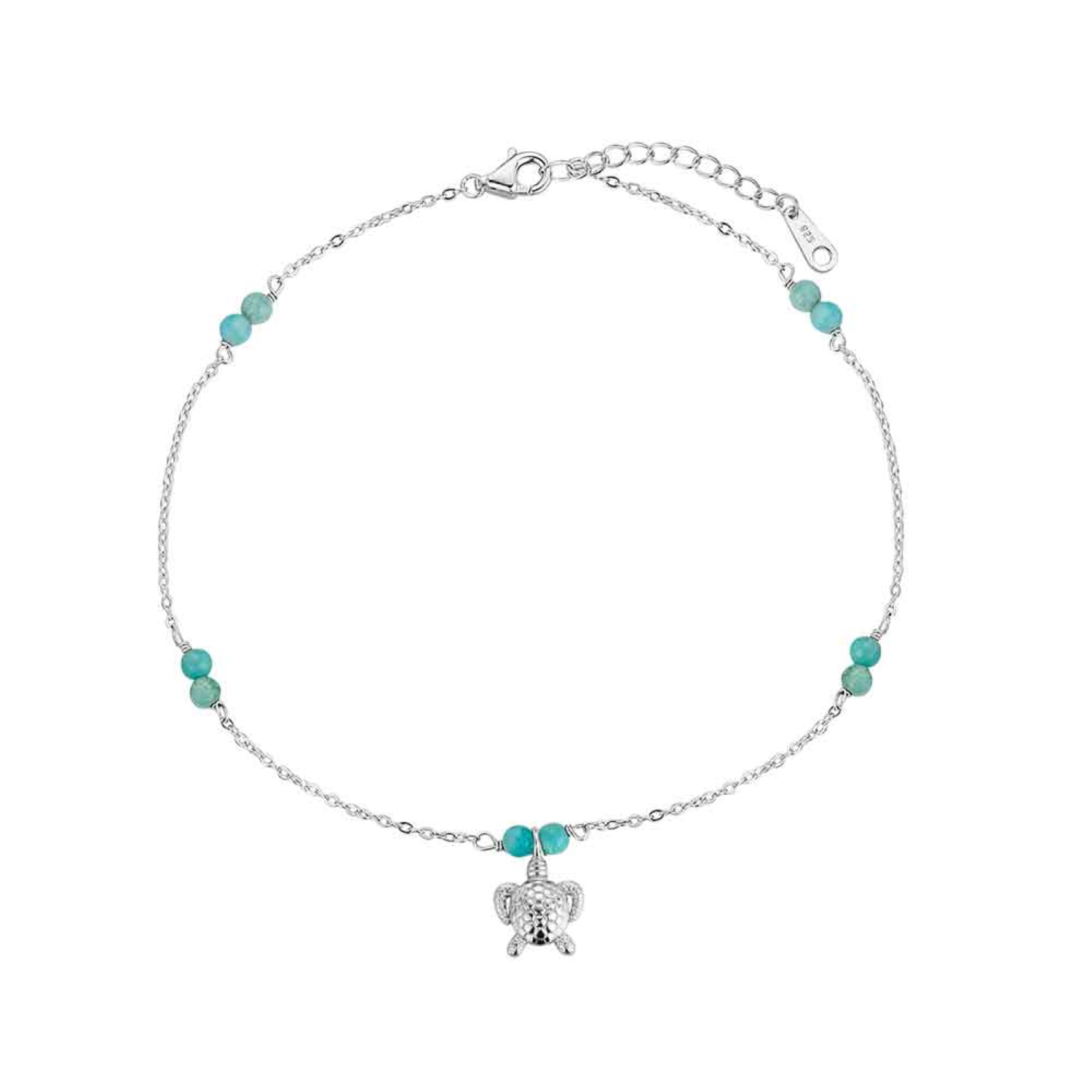 Bracelet de cheville composé d'une chaîne en argent 925/000 rhodié ornée de perles turquoises et d'un pendant en forme de tortue de mer. Cheville Perle Tortue Adolescent Adulte Animaux Femme Fille Bracelet de cheville composé d'une chaîne en argent 925/000 rhodié ornée de perles turquoises et d'un pendant en forme de tortue de mer. Cheville Perle Tortue Adolescent Adulte Animaux Femme Fille