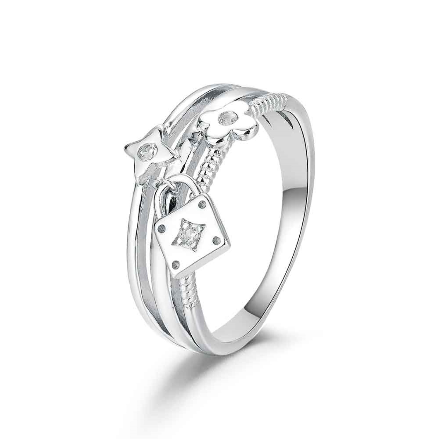 Bague en argent 925/000 rhodié ornée d'un cadenas, d'un trèfle et d'une étoile, sertis de zirconiums cubiques Cadenas Etoile Strass Trèfle Adolescent Adulte Femme Fille Indémodable Nature Symboles Bague en argent 925/000 rhodié ornée d'un cadenas, d'un trèfle et d'une étoile, sertis de zirconiums cubiques Cadenas Etoile Strass Trèfle Adolescent Adulte Femme Fille Indémodable Nature Symboles