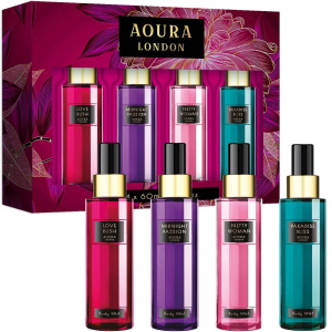 Coffret de 4 Brumes corporelle Aoura London Paradise bliss, Pretty woman, Midnight passion et Love rush. Dévoilez une symphonie de riches tons de bijoux dans chaque parfum, un mélange harmonieux qui résume votre essence unique, individuelle pour vous. Enveloppé dans des bouteilles captivantes et colorées qui reflètent votre énergie unique et vibrante.