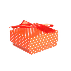 Boîte cadeau écrin pour boucles d'oreilles avec des motifs de pois et avec un nœud papillon.