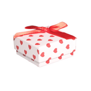 Boîte cadeau écrin pour boucles d'oreilles avec des motifs de cœurs et avec un nœud papillon.