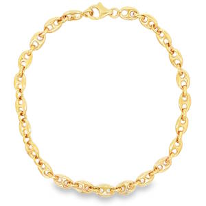 Rehaussez votre style avec ce bracelet chaîne en plaqué or 18 carats. Ses maillons grains de café distinctifs, à la fois robustes et élégants, offrent un éclat chaleureux. Parfait pour un look décontracté ou une touche raffinée en soirée.