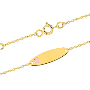 Magnifique bracelet gourmette  pour enfant en plaqué or jaune 18 carats. Cette chaîne présente une plaque personnalisable avec un cœur émaillé de rose Fermoir anneau ressort avec anneaux de rappel à 13 et 15 cm.