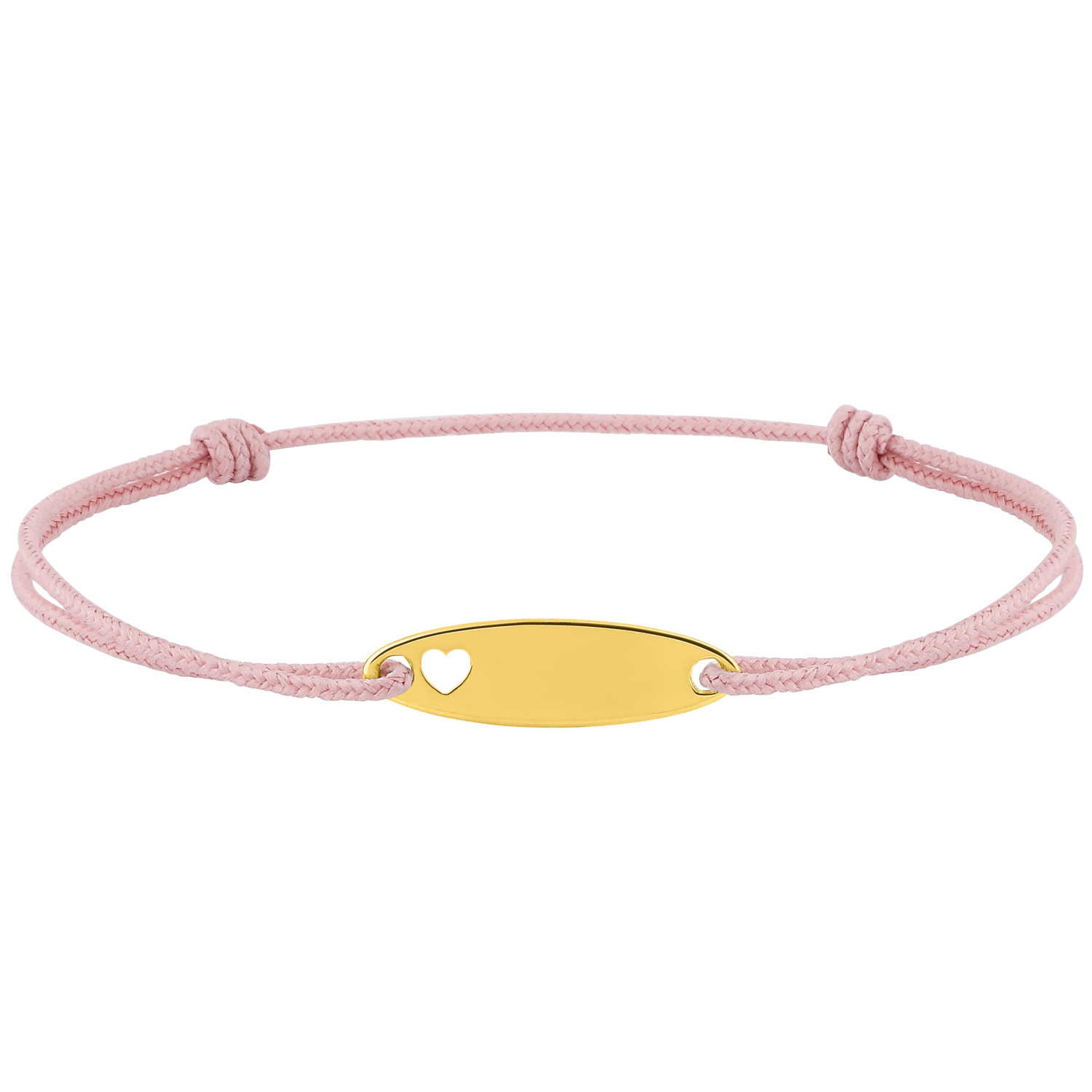 Bracelet composé d'un cordon rose et d'une plaque personnalisable ajourée d'un coeur en plaqué or jaune 18 carats. Coeur Cordon Adolescent Adulte Amour Enfant Femme Fille Gravure Indémodable Bracelet composé d'un cordon rose et d'une plaque personnalisable ajourée d'un coeur en plaqué or jaune 18 carats. Coeur Cordon Adolescent Adulte Amour Enfant Femme Fille Gravure Indémodable