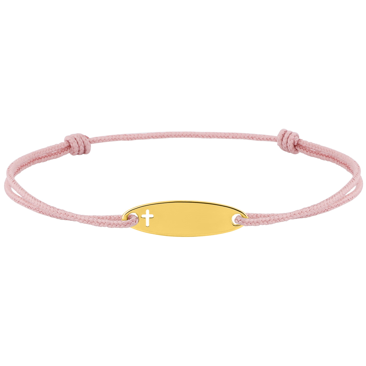 Bracelet composé d'un cordon rose et d'une plaque personnalisable ajourée d'une croix en plaqué or jaune 18 carats. Cordon Croix Adolescent Adulte Enfant Femme Fille Gravure Indémodable Religion Symboles Bracelet composé d'un cordon rose et d'une plaque personnalisable ajourée d'une croix en plaqué or jaune 18 carats. Cordon Croix Adolescent Adulte Enfant Femme Fille Gravure Indémodable Religion Symboles