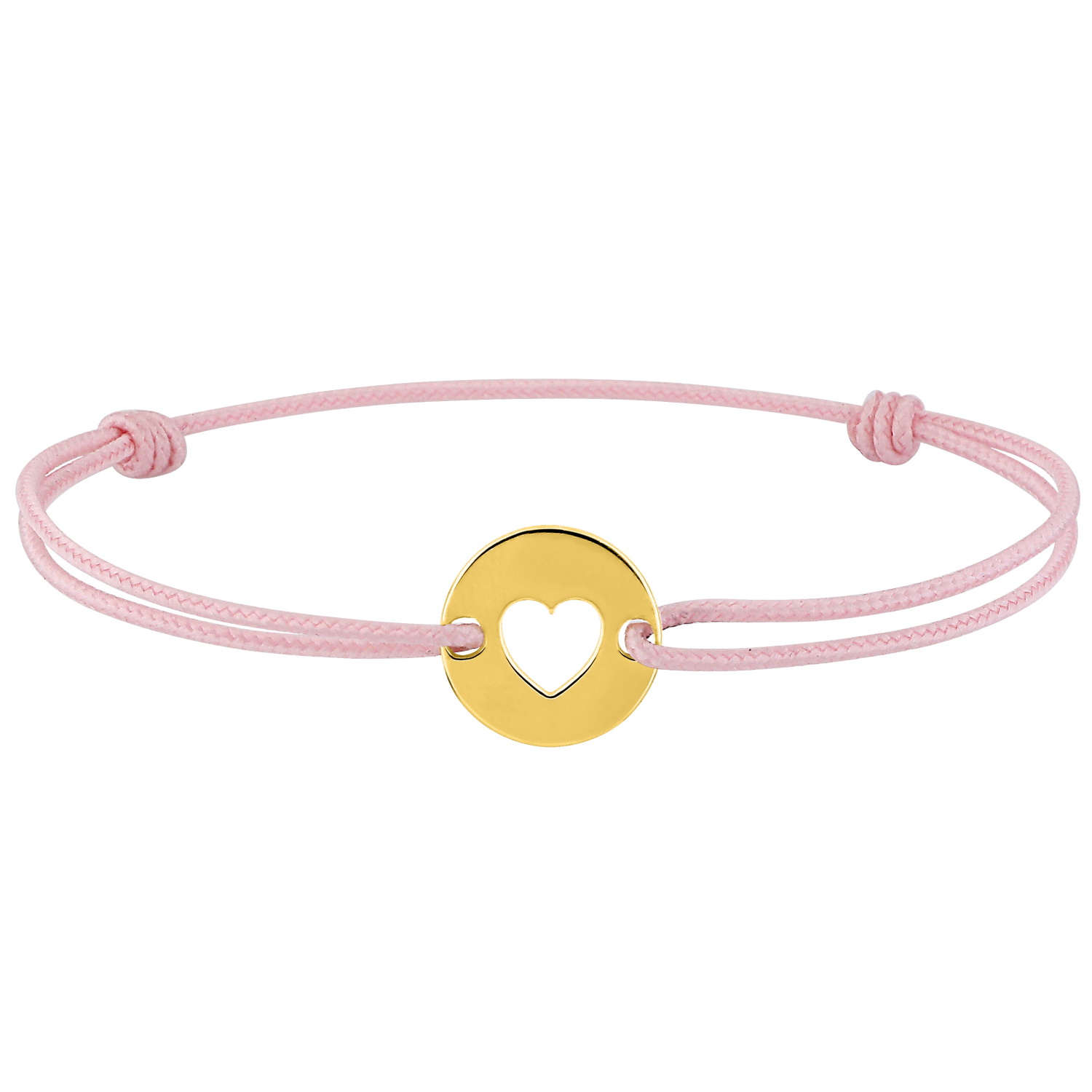 Bracelet composé d'un cordon rose et d'une pastille ajourée d'un coeur en plaqué or jaune 18 carats. Coeur Cordon Rond Adolescent Adulte Amour Enfant Femme Fille Indémodable Bracelet composé d'un cordon rose et d'une pastille ajourée d'un coeur en plaqué or jaune 18 carats. Coeur Cordon Rond Adolescent Adulte Amour Enfant Femme Fille Indémodable