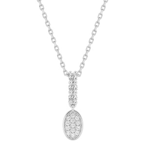 Collier composé d'une chaîne en argent 925/000 rhodié et d'un pendentif orné d'oxydes de zirconium blancs et d'un pavage ovale d'oxydes de zirconium blancs. Fermoir anneau ressort avec 3 cm de rallonge.