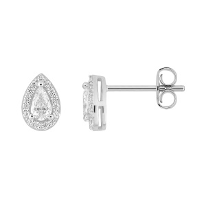 Boucles d'oreilles en argent 925/000 rhodié ornées d'un oxyde de zirconium blanc serti griffes entouré d'un pavage d'oxydes de zirconium blancs.