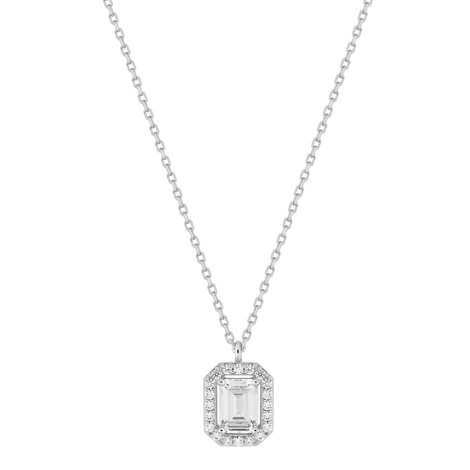 Collier composé d'une chaîne en argent 925/000 rhodié et d'un pendentif orné d'un oxyde de zirconium blanc serti clos entouré de pavage d'oxydes de zirconium blancs.<br/>Fermoir anneau ressort avec 3 cm de rallonge. Solitaire Strass Adolescent Adulte Femme Fille Indémodable Collier composé d'une chaîne en argent 925/000 rhodié et d'un pendentif orné d'un oxyde de zirconium blanc serti clos entouré de pavage d'oxydes de zirconium blancs.<br/>Fermoir anneau ressort avec 3 cm de rallonge. Solitaire Strass Adolescent Adulte Femme Fille Indémodable