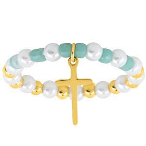 Sublime bague de perles sur fil élastique, confectionné en acier doré, arborant de délicates perles sphériques d'un bleu azuréen enchanteur. Sa conception raffinée et son esthétique spirituelle en font l'ornement idéal pour sublimer votre poignet avec une touche d'élégance céleste.