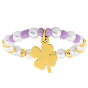 Sublime bague bandeau en acier doré, ornée de perles roses chatoyantes. Le design délicat avec un charm en forme de trèfle à quatre feuilles, parfait pour apporter de la chance à votre style. Un bijou incontournable pour celles qui apprécient l'élégance et la finesse.